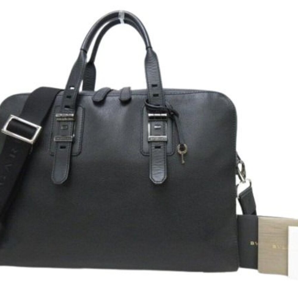 Bvlgari Briefcase Bvckle Business Bag Black Leather Men